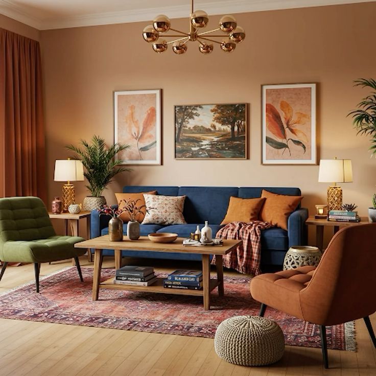 Salon Bleu et rouille, chaleureux