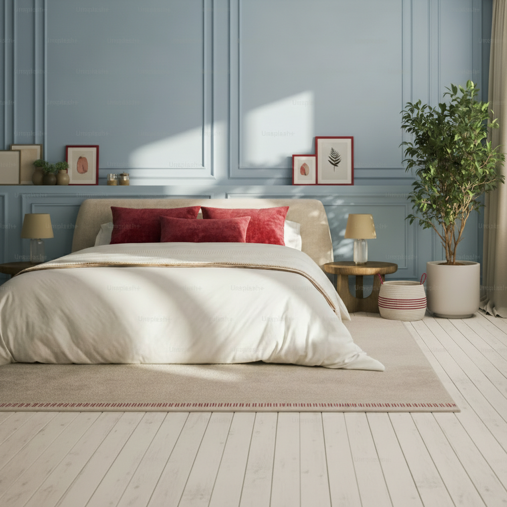 Chambre bleu ciel et rouge pour apporter contraste et sensualité