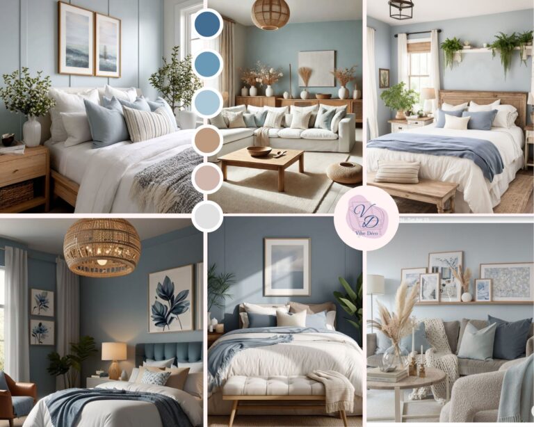 Moodboard décoration bleu illustrant les effets apaisants des couleurs.