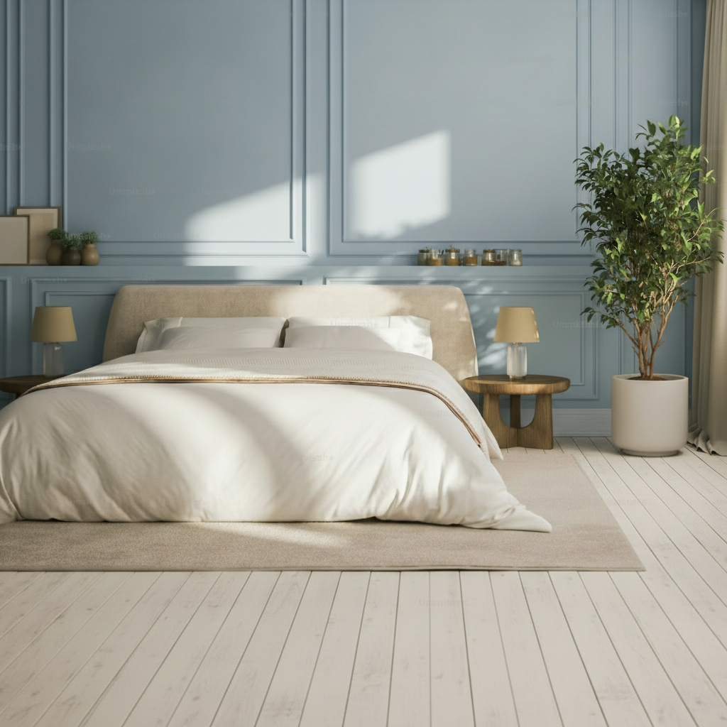Chambre bleu gris, ambiance douce et apaisante