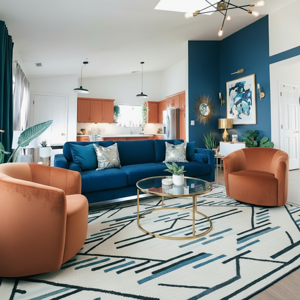 Salon bleu doré et orangé. Ambiance chic et élégante.