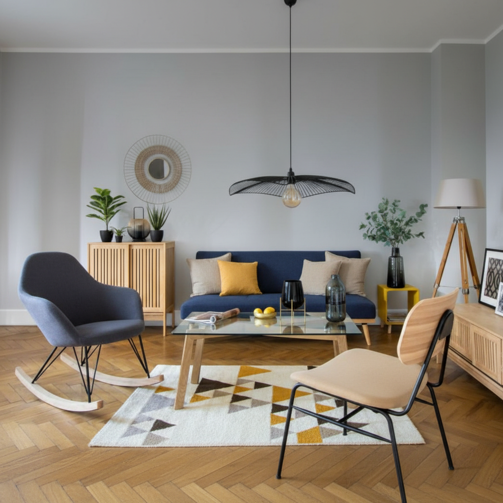 Salon doux et cosy, bleu et beige