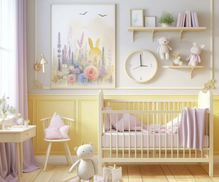 Chambre pour bébé, jaune pale et lila.