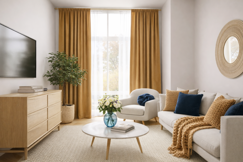 Salon blanc avec contrastes: Rideaux et plaid en maille couleur camel et coussins bleu et camel.