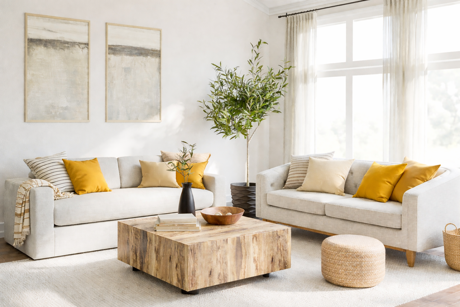 Salon beige et jaune. contraste de saturation.