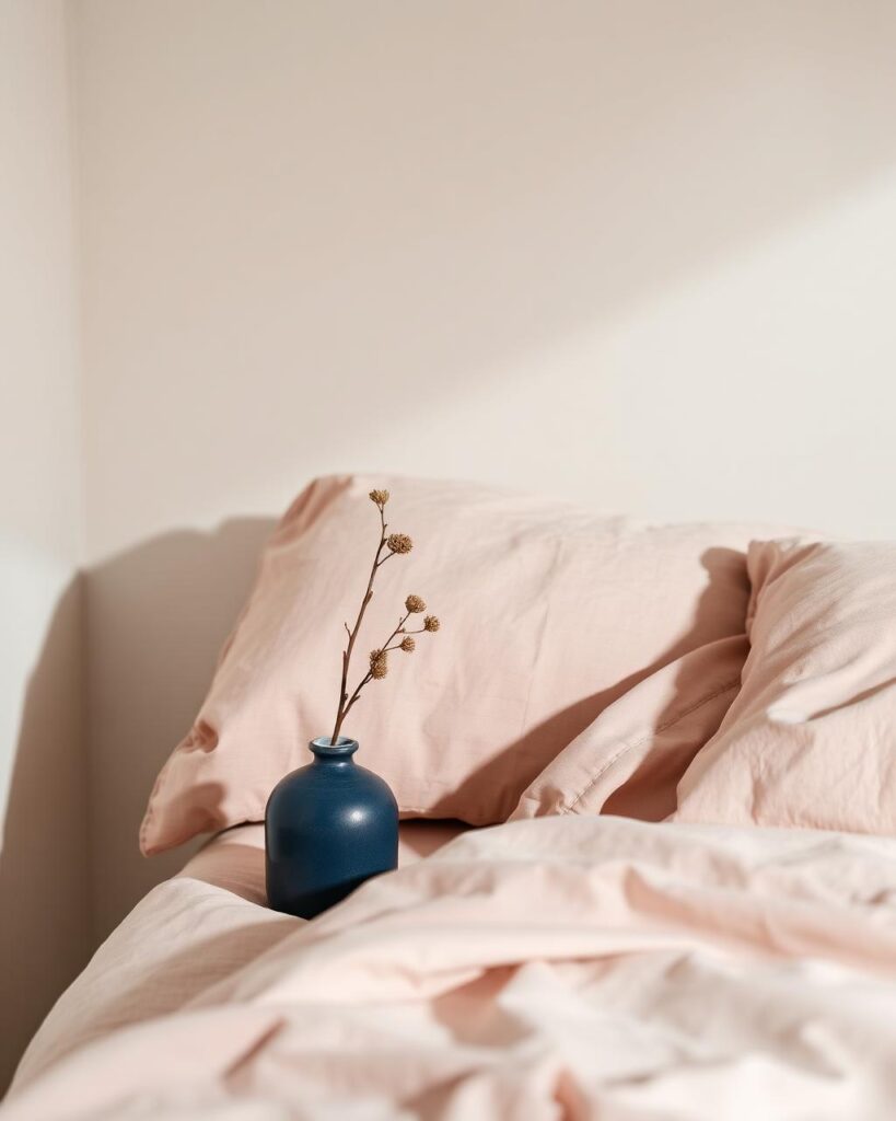 Lit avec des draps rose pâles et un petit vase bleu avec une branche qui bourgeonne.