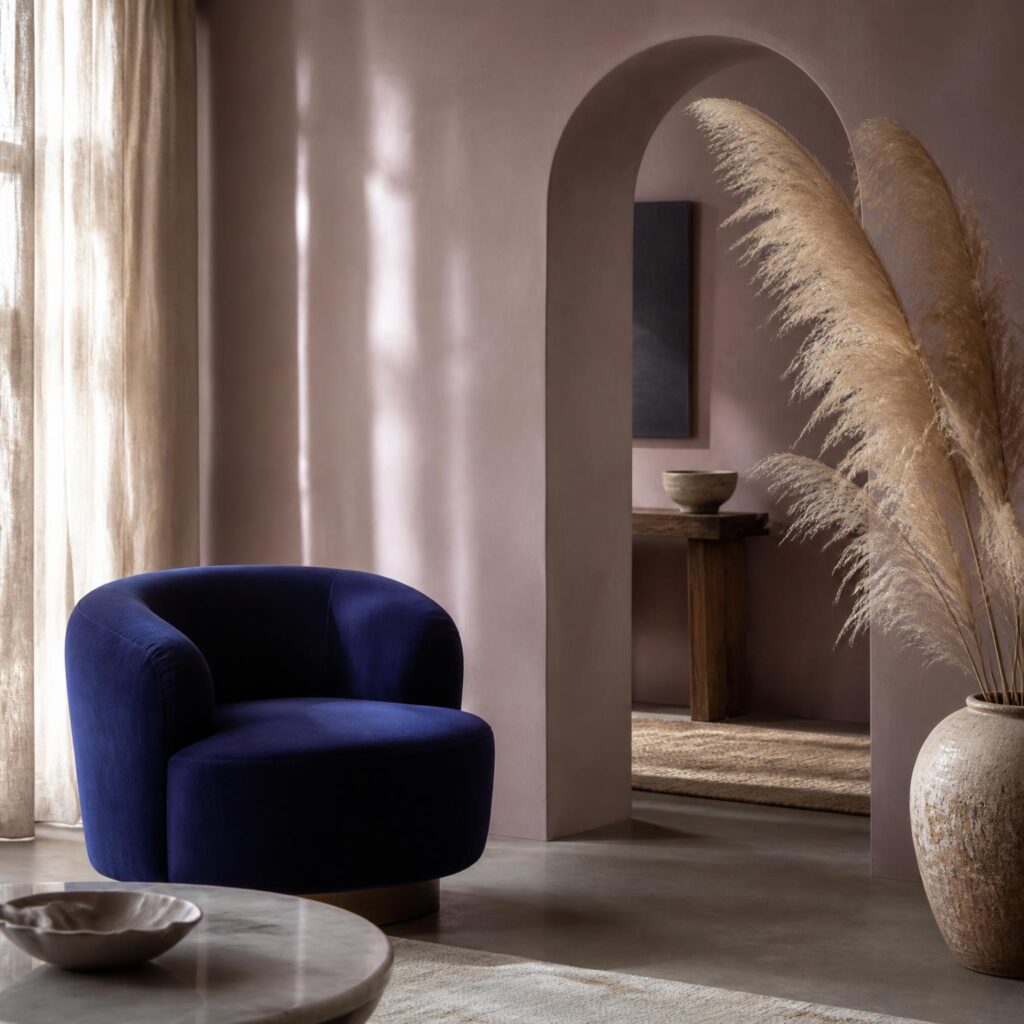 salon aux murs rose pâles et un fauteuil en velours bleu