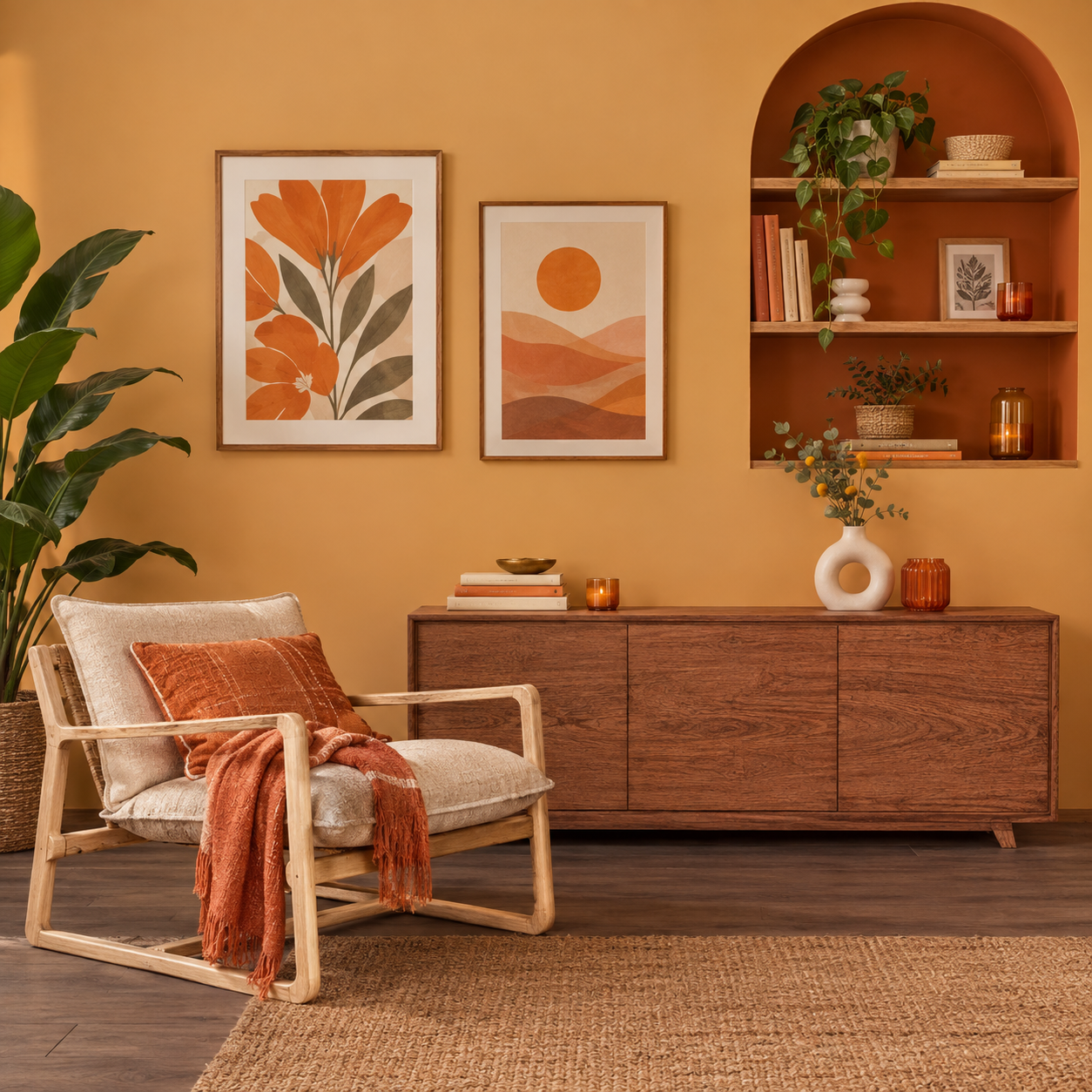 décoration intérieur orange. Buffet en bois, fauteuil avec plaid orange et mur orange