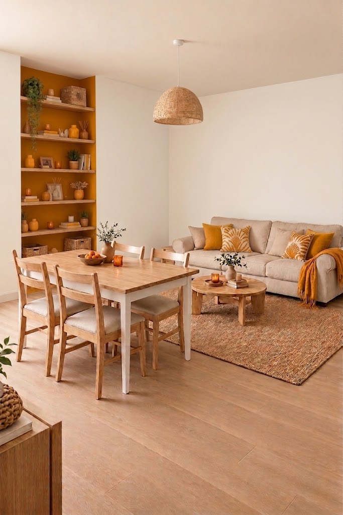 Décoration intérieur. Séjour orange et blanc.