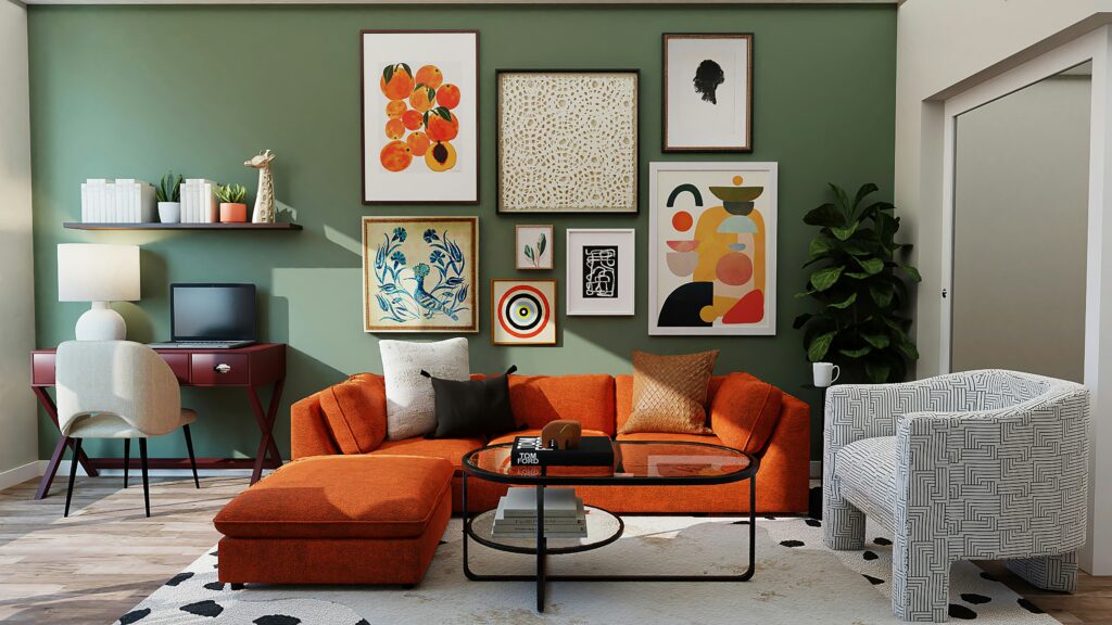 Salon avec mur vert et canapé orange brulée