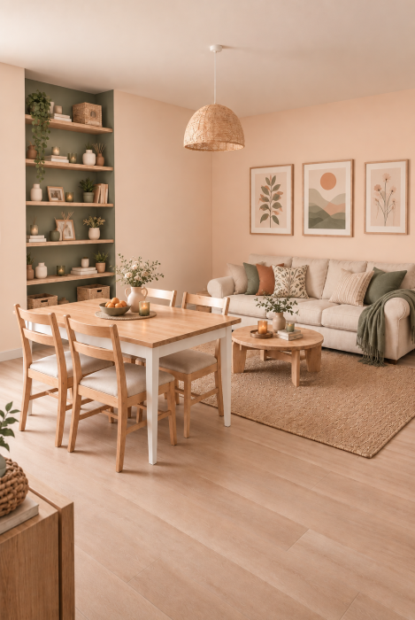 Salon pêche et vert sauge, canapé crème avec coussin et plaid, Décoration orange