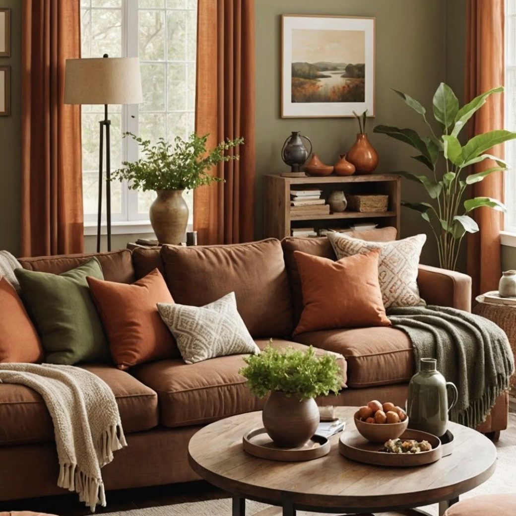 Salon brun caramel et vert sauge. Opposition couleur chaude et froide