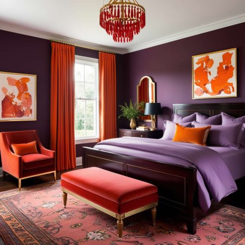 Décoration orange et violet. Chambre parentale élégante violette